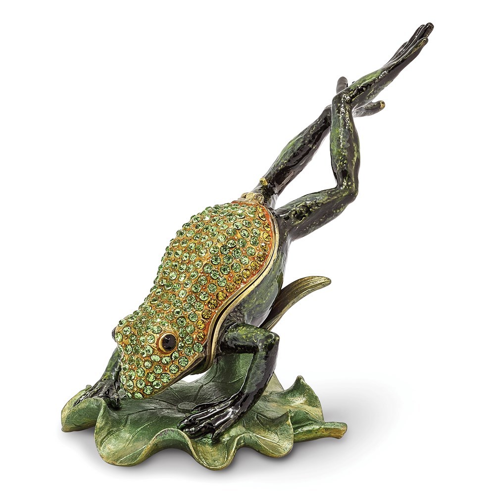 Pewter Bejeweled Crystals CLEM HOPPER Diving Frog Trinket Box with Pendant